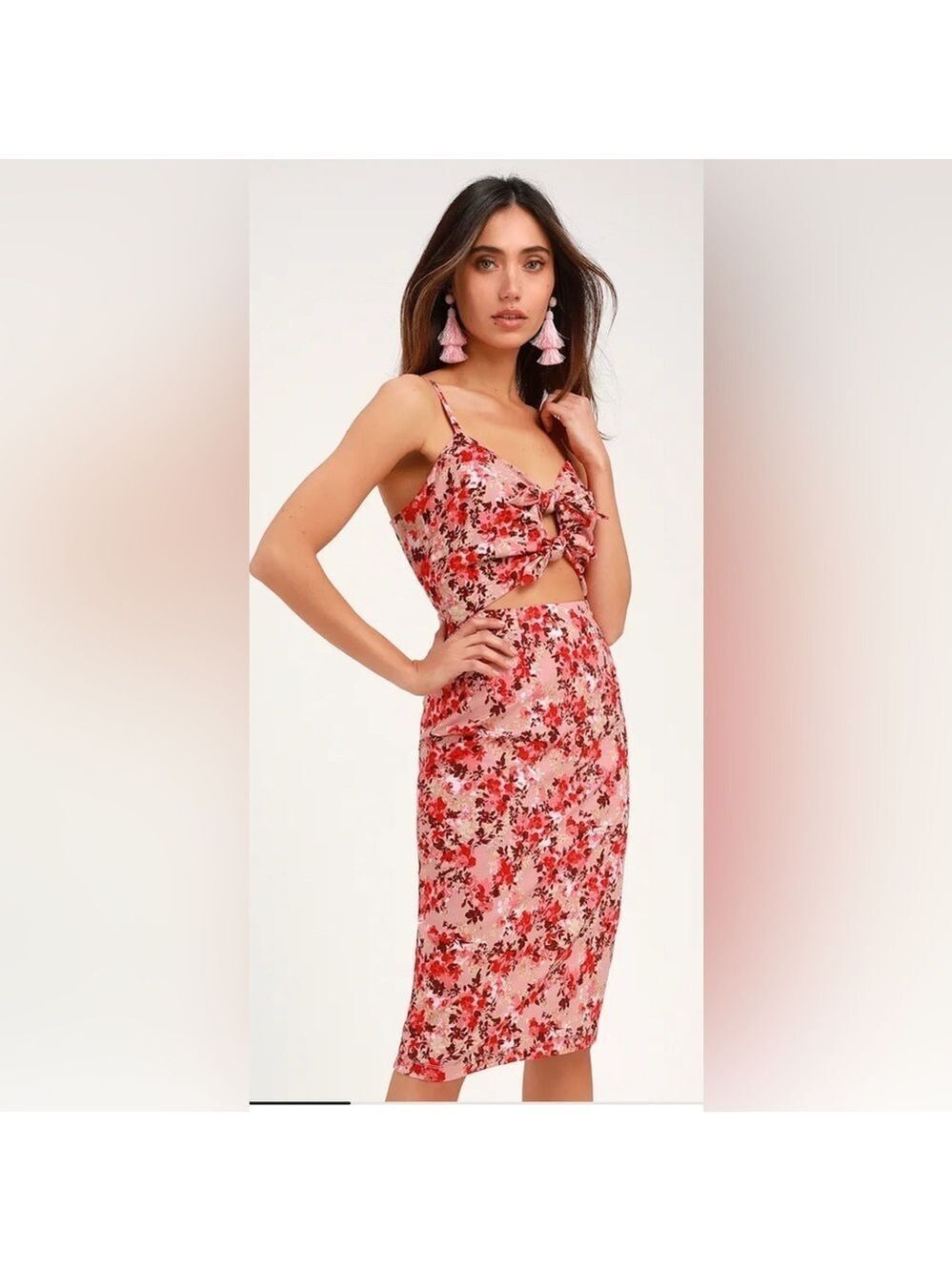 Wayf Victoria Mauve Pink Floral Print Tie-Front Cutout Summer Spring Dress